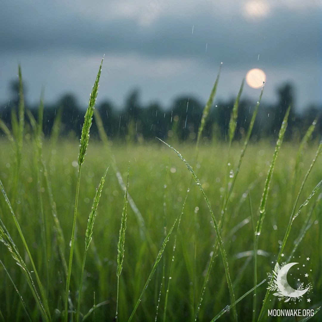 Close-up of sweet field grass with a bokeh sky in the background under the rain.
