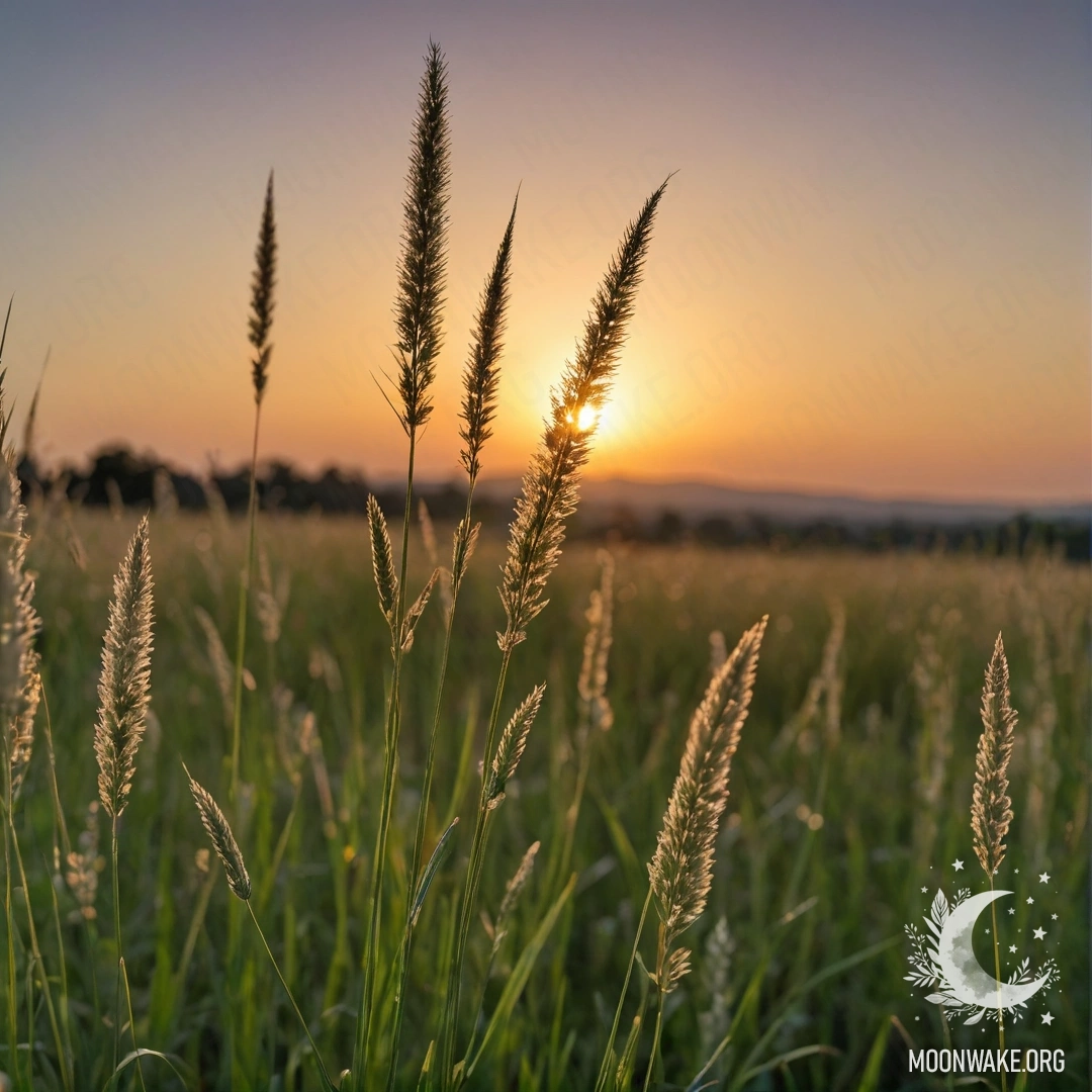 Serene Grass at Sunset Close-up of delicate grass in a field against a bokeh sky at sunset.