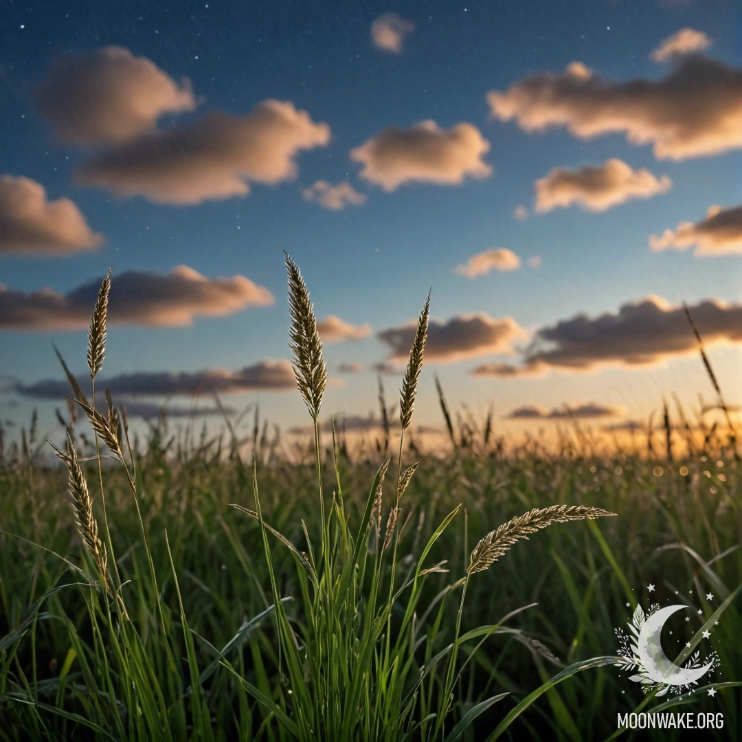 Close-up of sweet field grass against a bokeh sky with clouds at night.