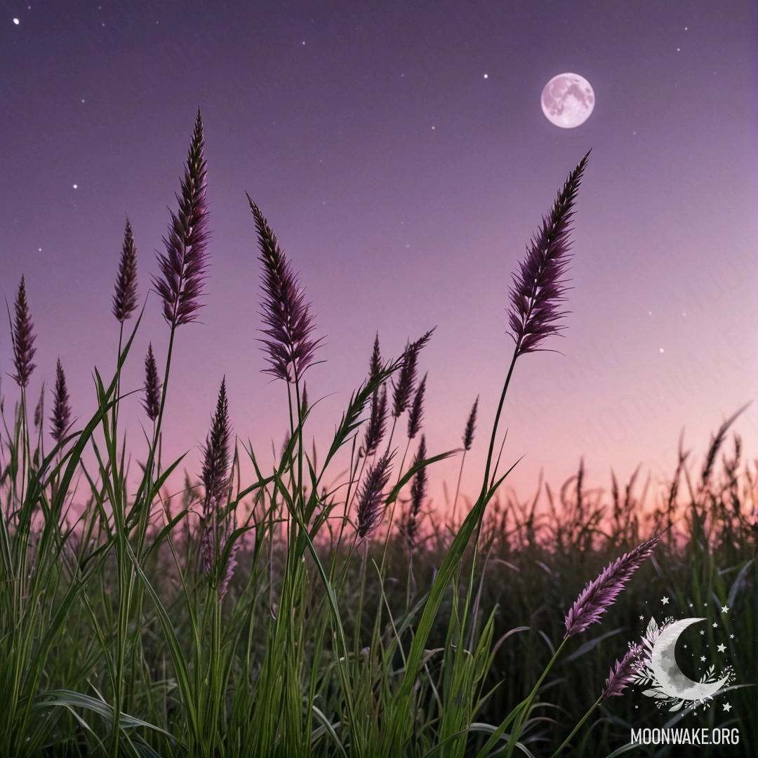 Sweet Field Grass Against Pink Violet Sky Close-up of sweet field grass with a pink violet sky and moon at night.