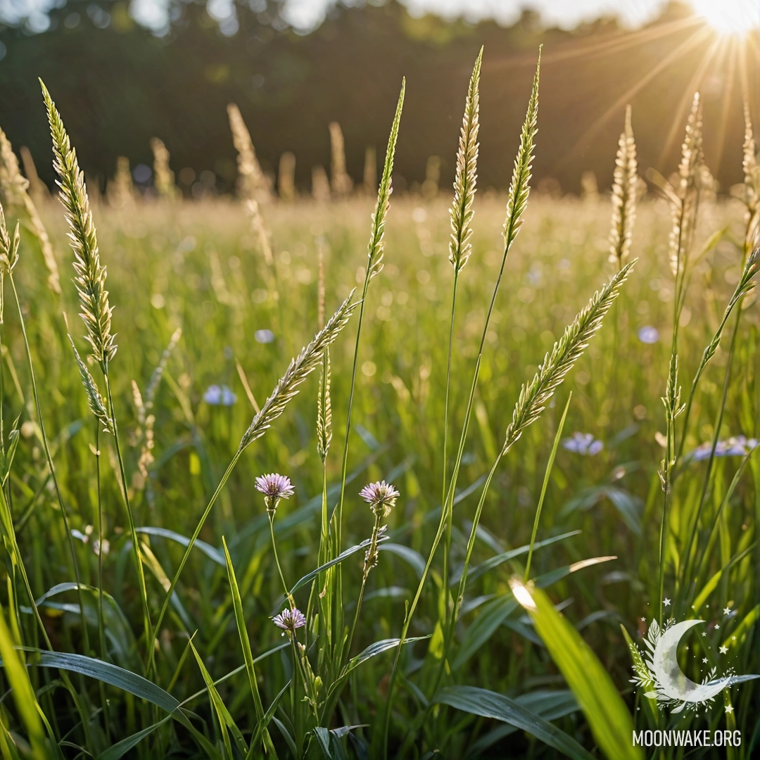 Delicate Field Grass with Bokeh Flowers Close-up of delicate field grass with bokeh flowers and lens flares.