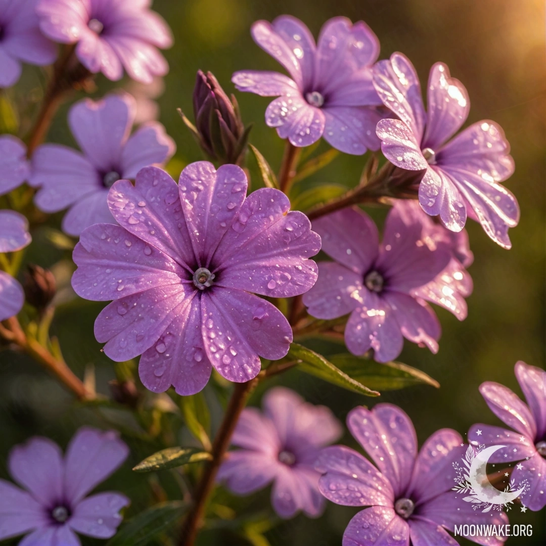 A serene scene of sweet phlox flowers at sunset adorned with shimmering sequins in olive color.