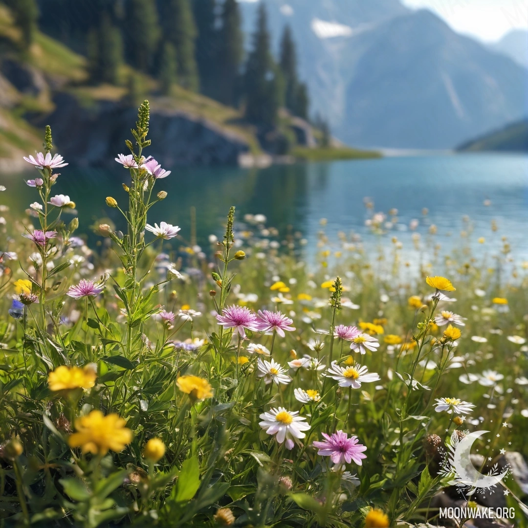 Close-up of sweet field flowers against a blurred mountain lake.