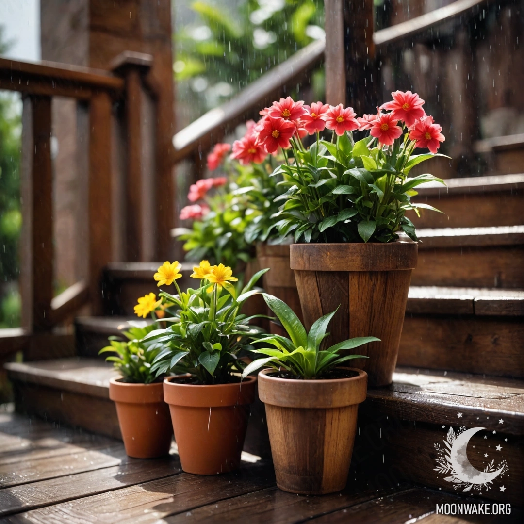 A wooden staircase adorned with flowerpots under the rain.