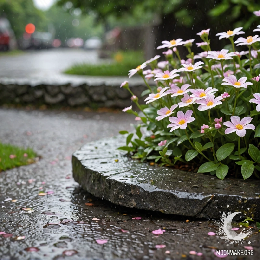 A shabby stone curb with small white and pink flowers growing behind it under the rain.
