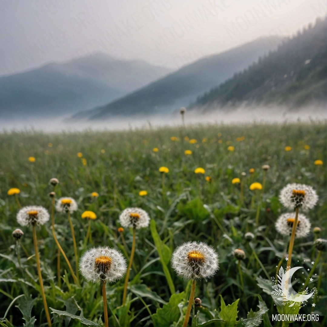 Sweet Dandelions in Misty Mountains Close-up of dandelions in a field, with soft bokeh mountains behind, enveloped in thick fog.
