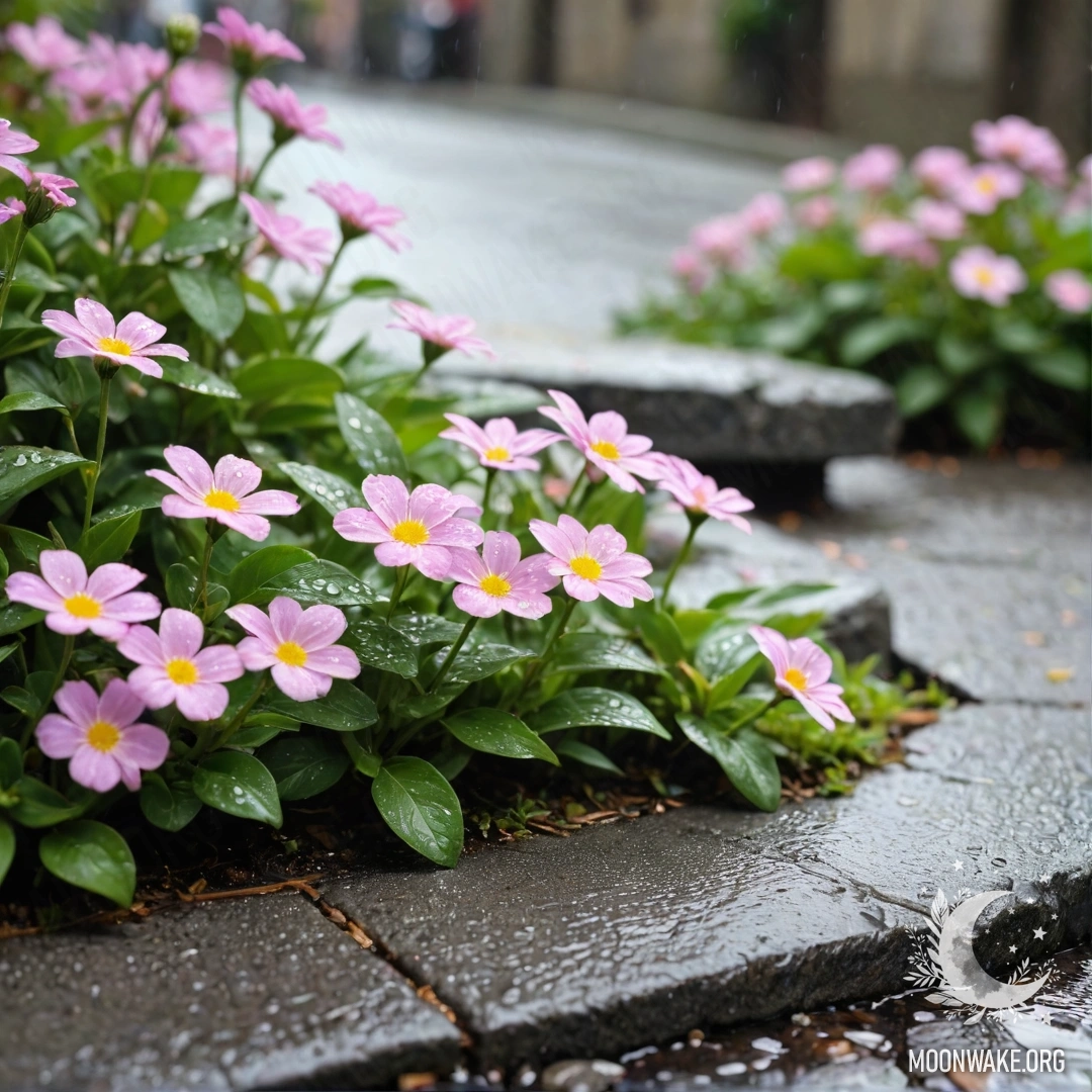 A shabby stone curb with small white and pink flowers growing under the rain.
