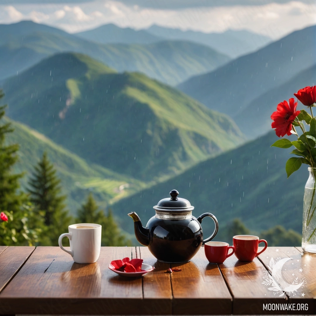 A wooden table with red flowers, coffee pot, and cups, with mountains in the background and rain falling.
