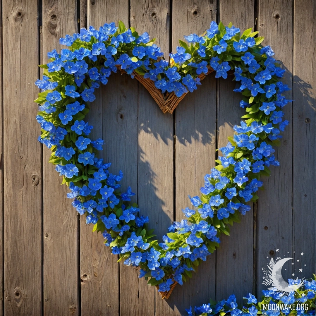 Delicate Blue Flower Heart Wreath on Vintage Fence Close-up of an old wooden fence with a heart-shaped blue flower wreath adorned by sunlight.