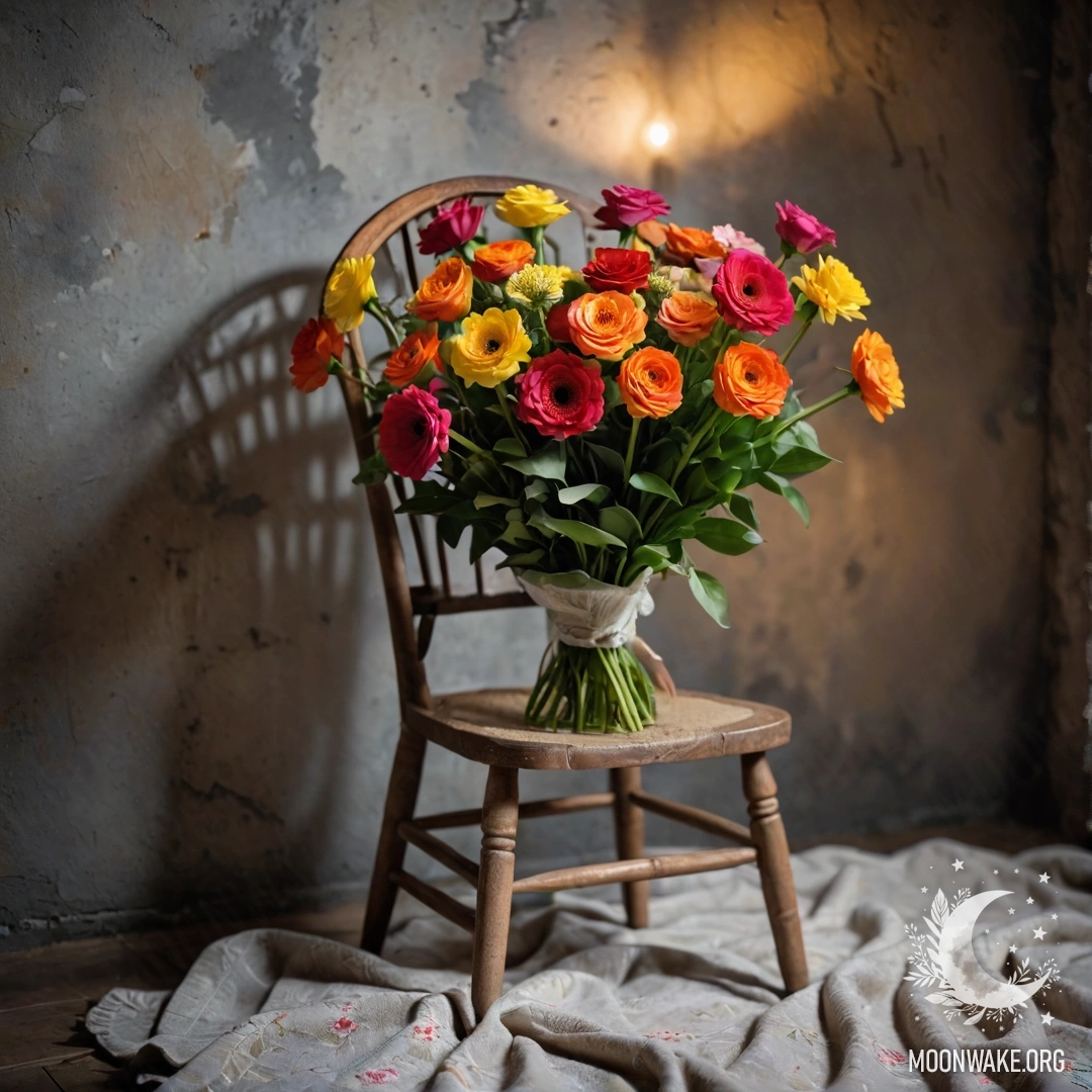 A chair with a blanket and bouquet of flowers against a shabby wall at night.