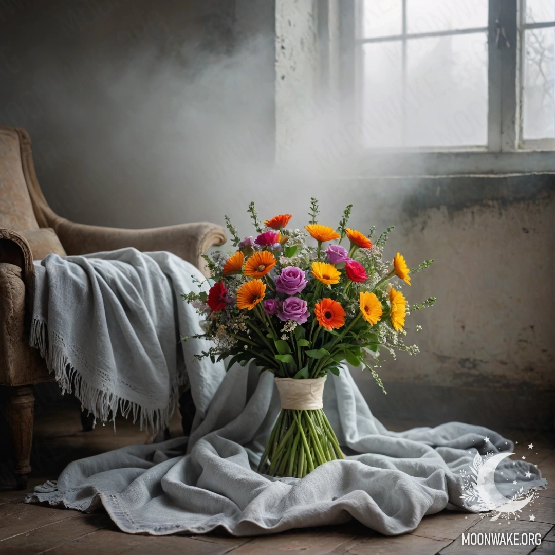 A cozy chair with a blanket and a bouquet of flowers, set against a shabby wall in a thick fog.