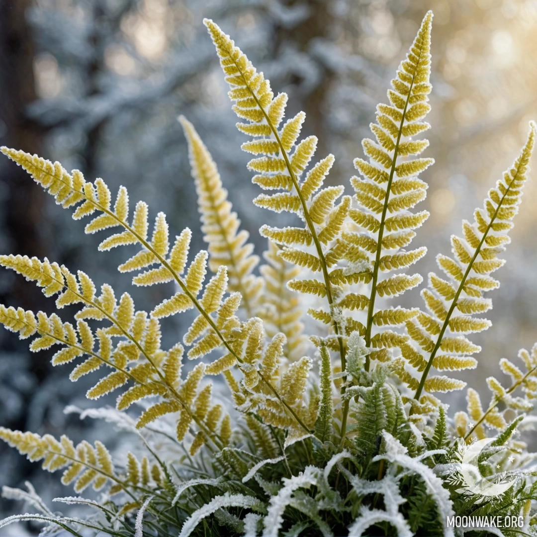 A delicate bouquet of creamy yellow sweet fern displayed in frost.
