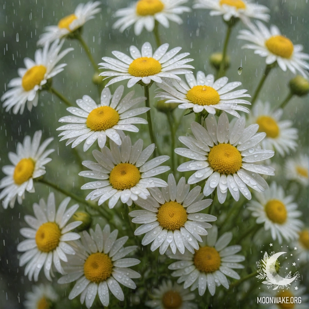 A bouquet of sweet chamomile flowers in lime color, with raindrops falling on it.