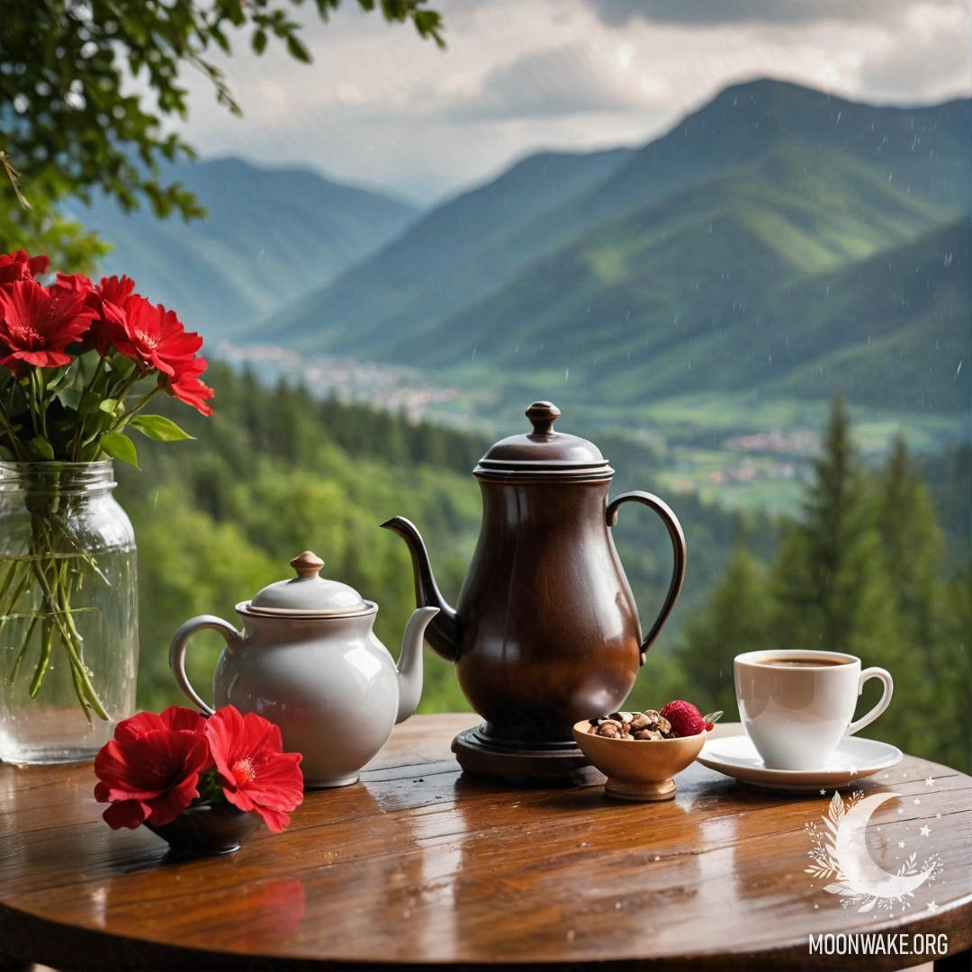 A wooden table with a jar of red flowers, a coffee pot and cups, set against a mountain backdrop, rain falling.