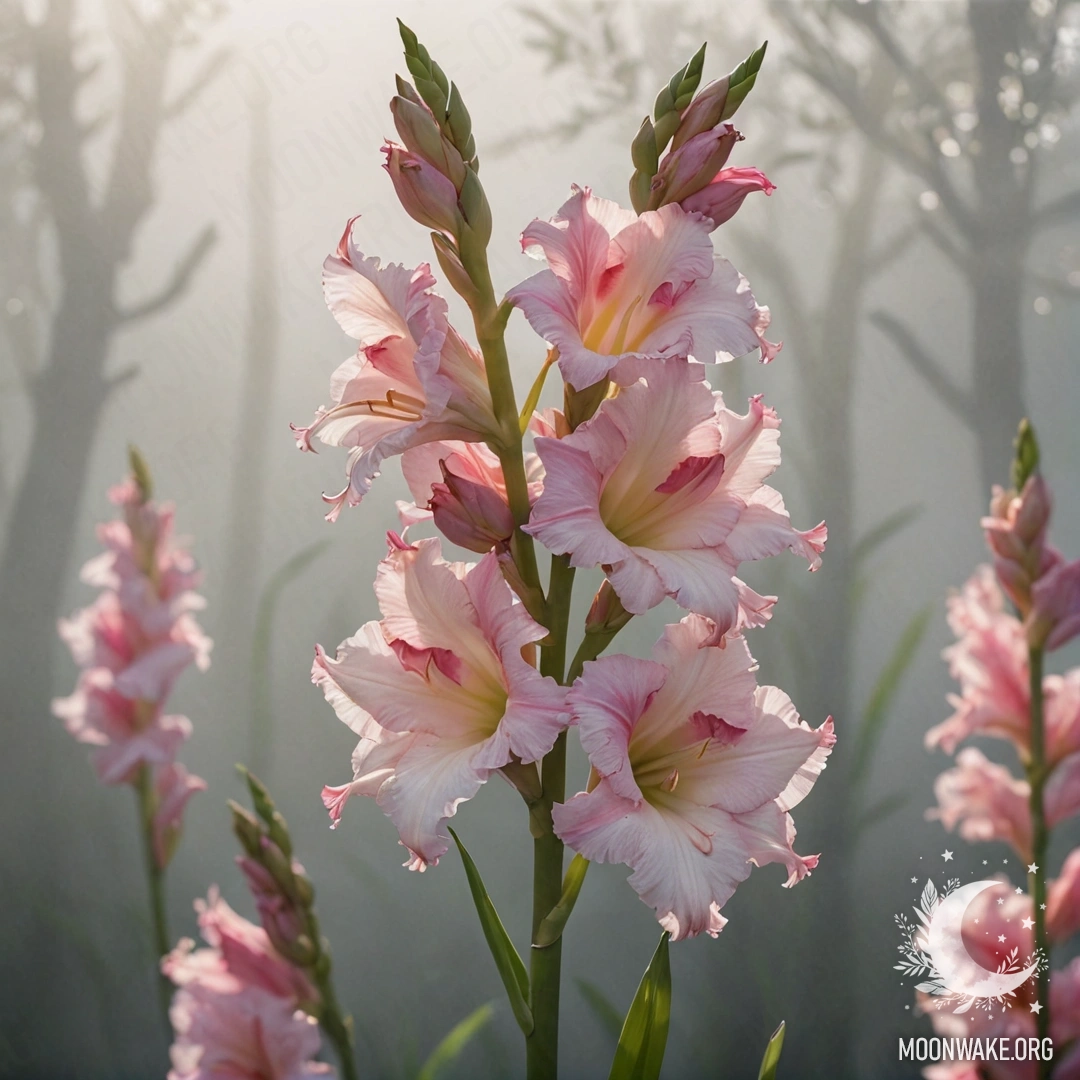 A minimalistic image of a pink gladiolus surrounded by mist and sun rays.