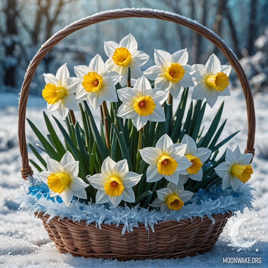 A blue sweet narcissus nestled in frost with sunny rays on it.