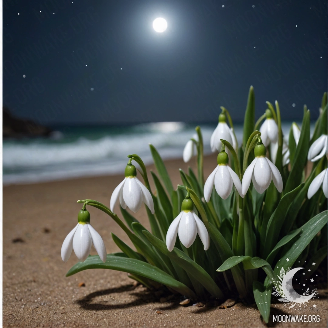 Sweet Snowdrop by the Night Sea A delicate snowdrop flower against a dark background of sea waves.