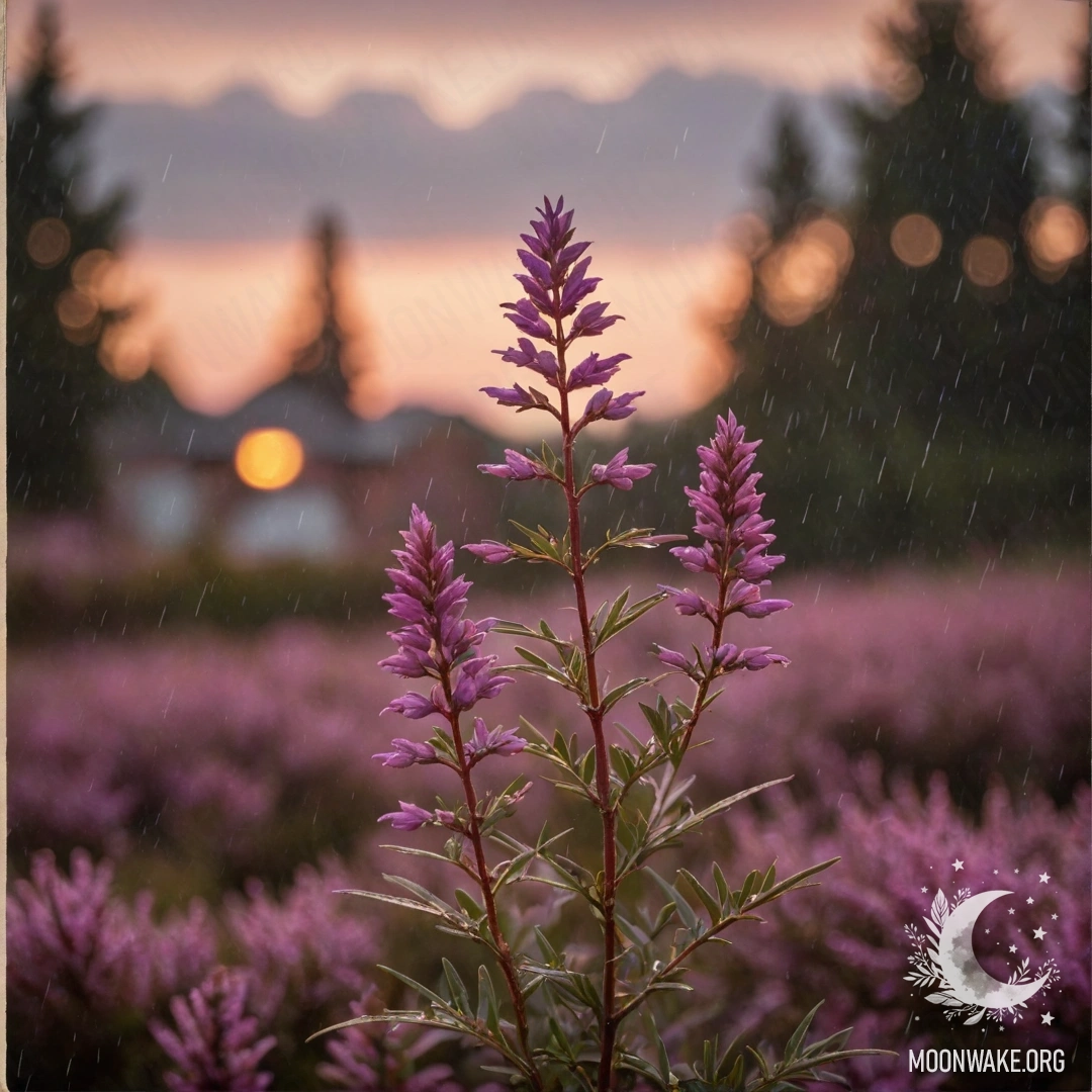 Sweet Heather Under the Rain at Sunset A vibrant scene of pink heather blooming under rain at sunset.