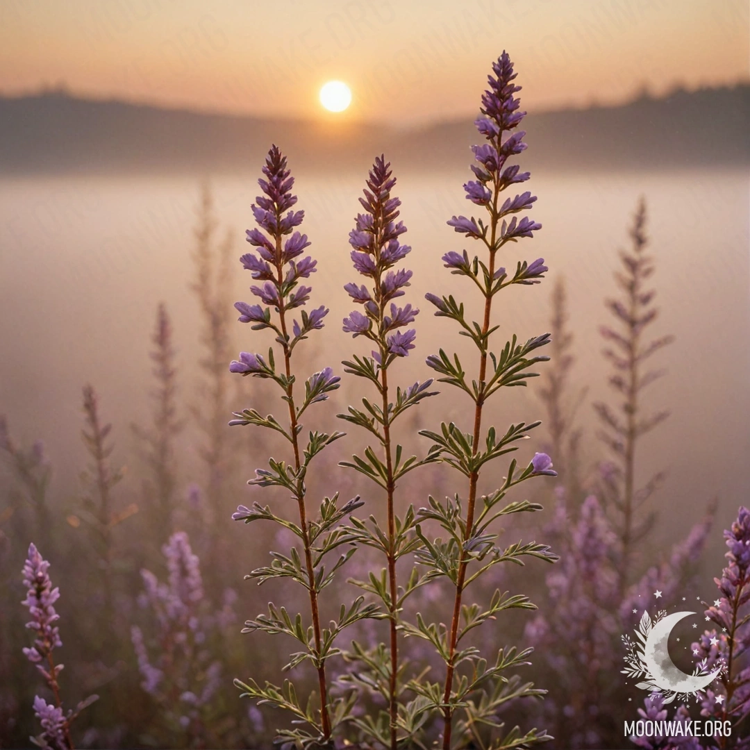 A serene composition featuring heather in the fog during sunset, embellished with golden glitter.