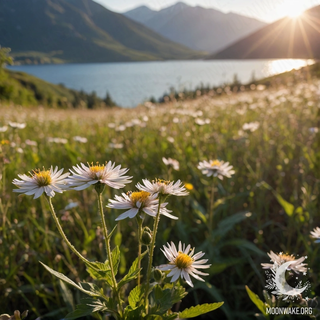 Close-up of delicate field flowers with a blurred mountain lake background.