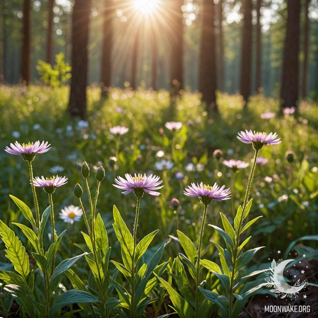 Gentle Field Flowers with Sunlit Bokeh Close-up of delicate field flowers in a forest with sun rays.