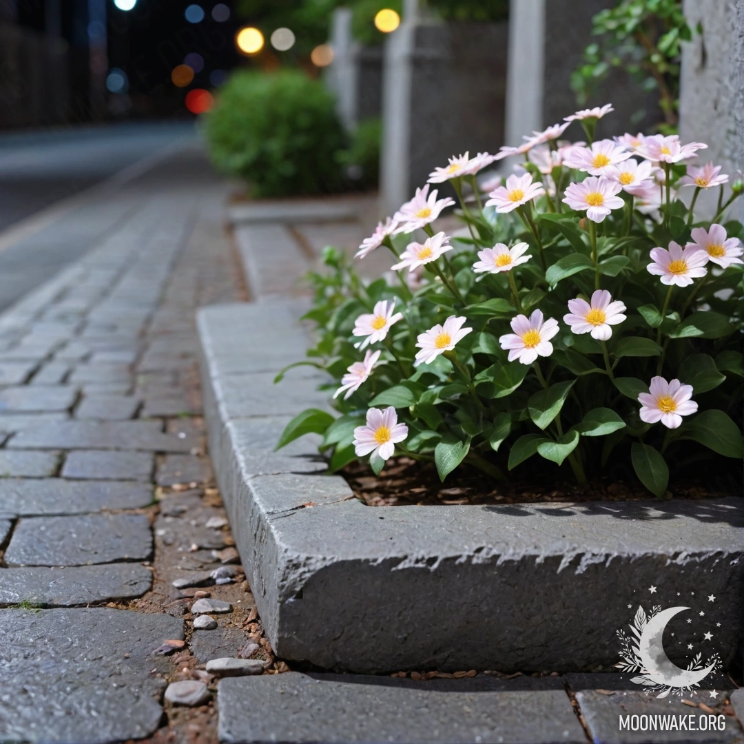 A shabby stone curb with small white and pink flowers growing behind it at night.