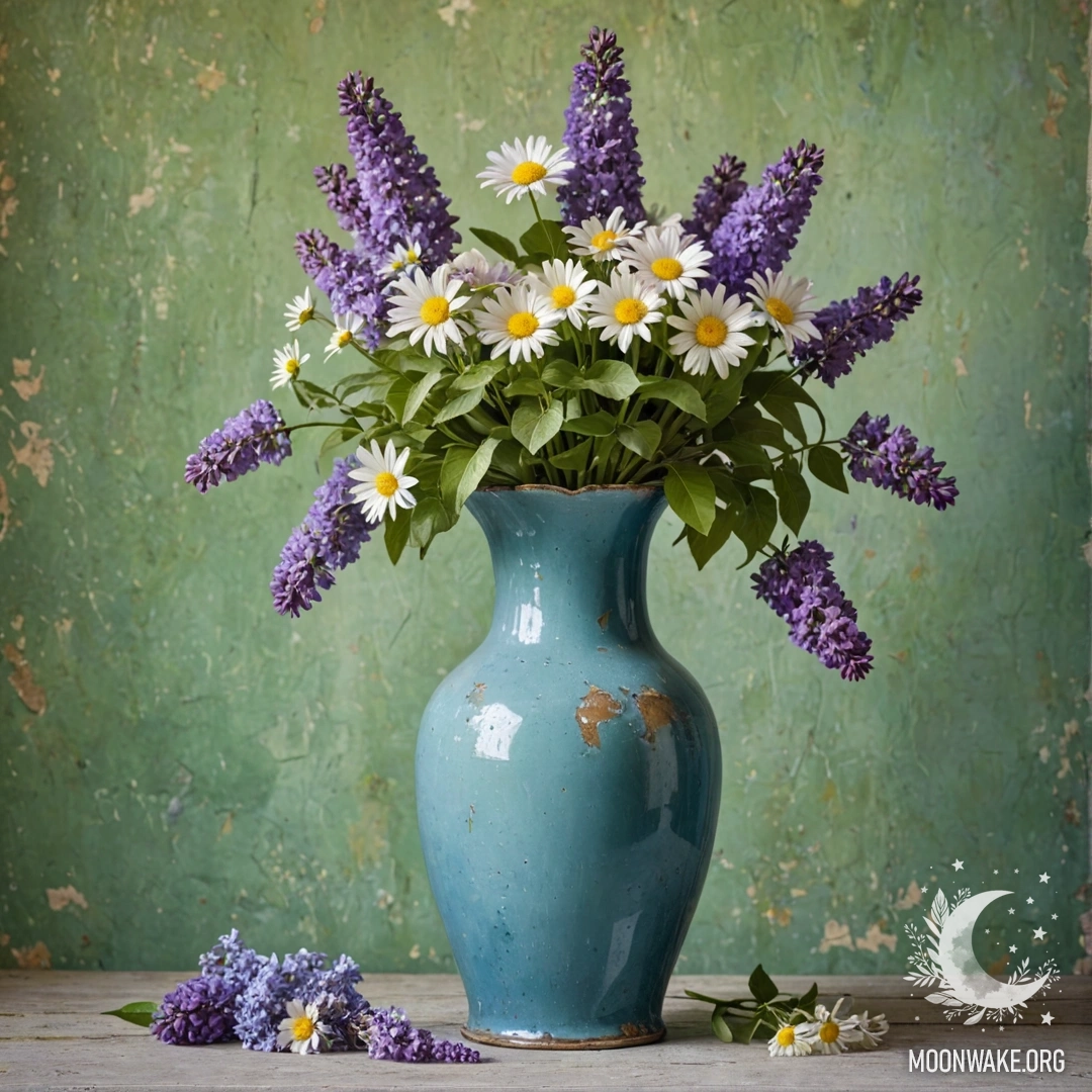 A small burlap bag hanging on a shabby wooden wall, filled with pansies at night.
