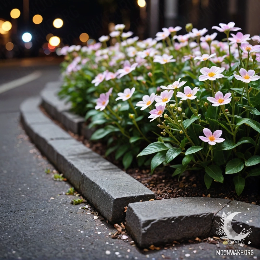 A shabby stone curb with small white and pink flowers growing behind it at night.