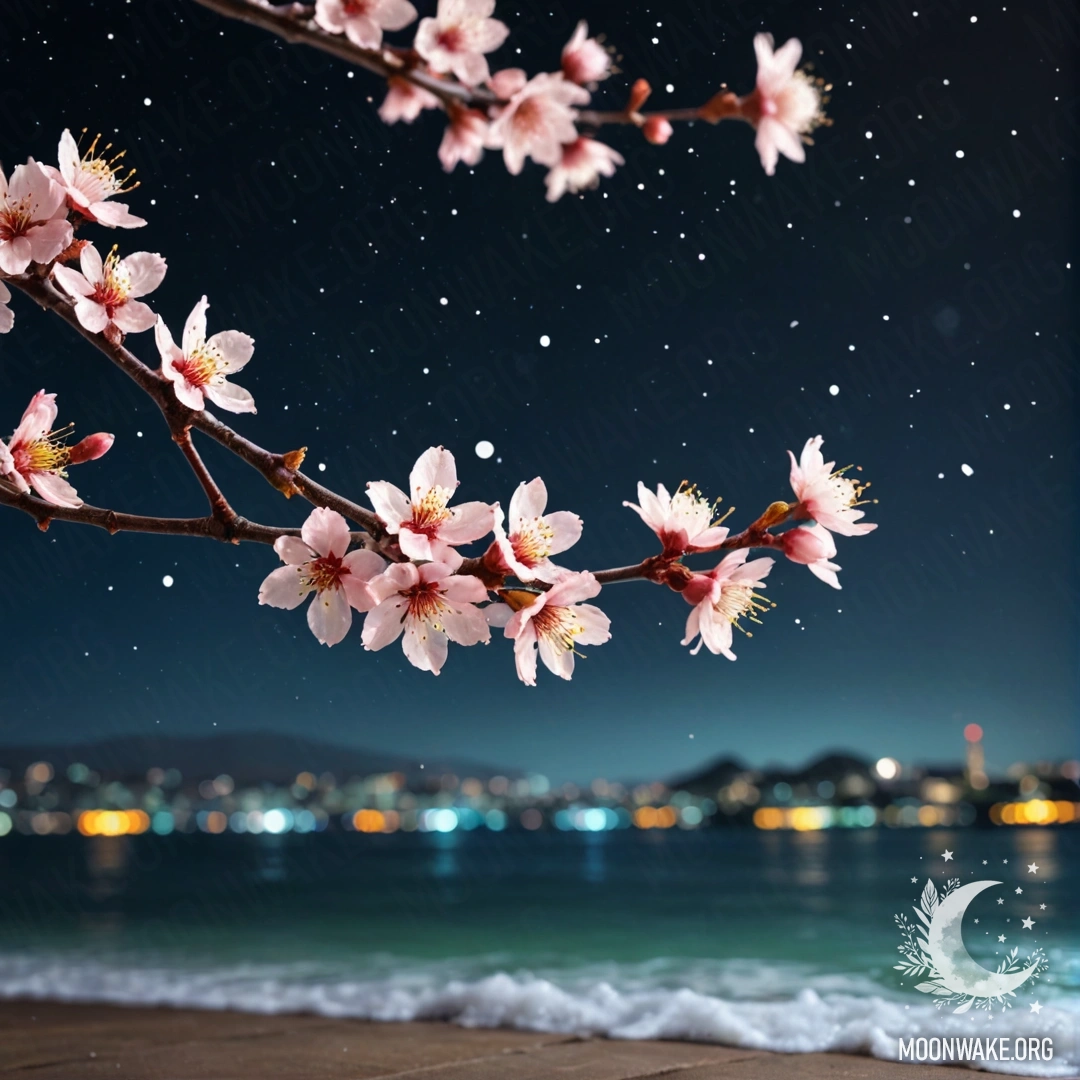 A beautiful cherry blossom with a web against a night sea wave background.
