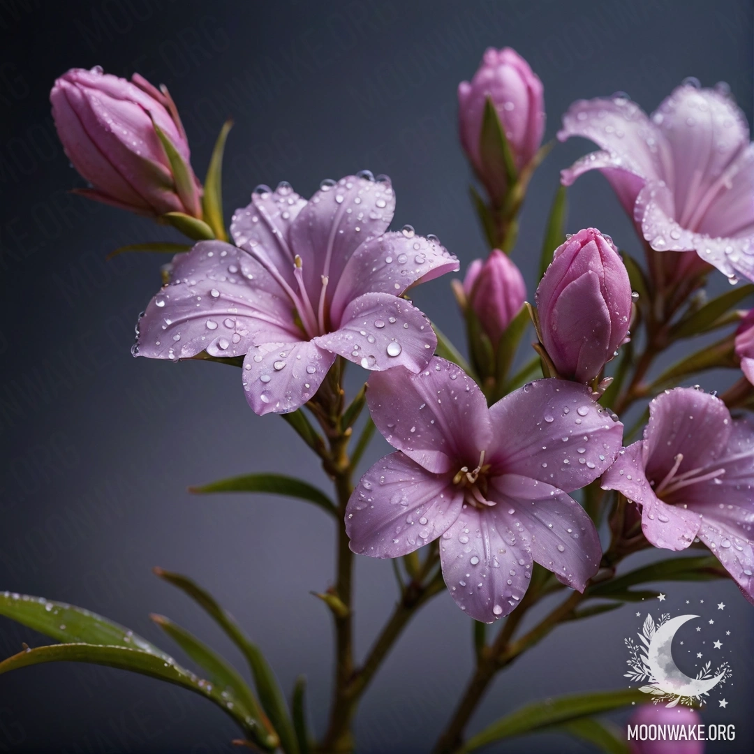 Night Dew Drops on Oleander Lavender oleander flowers adorned with dew drops at night, sparkling like rhinestones.