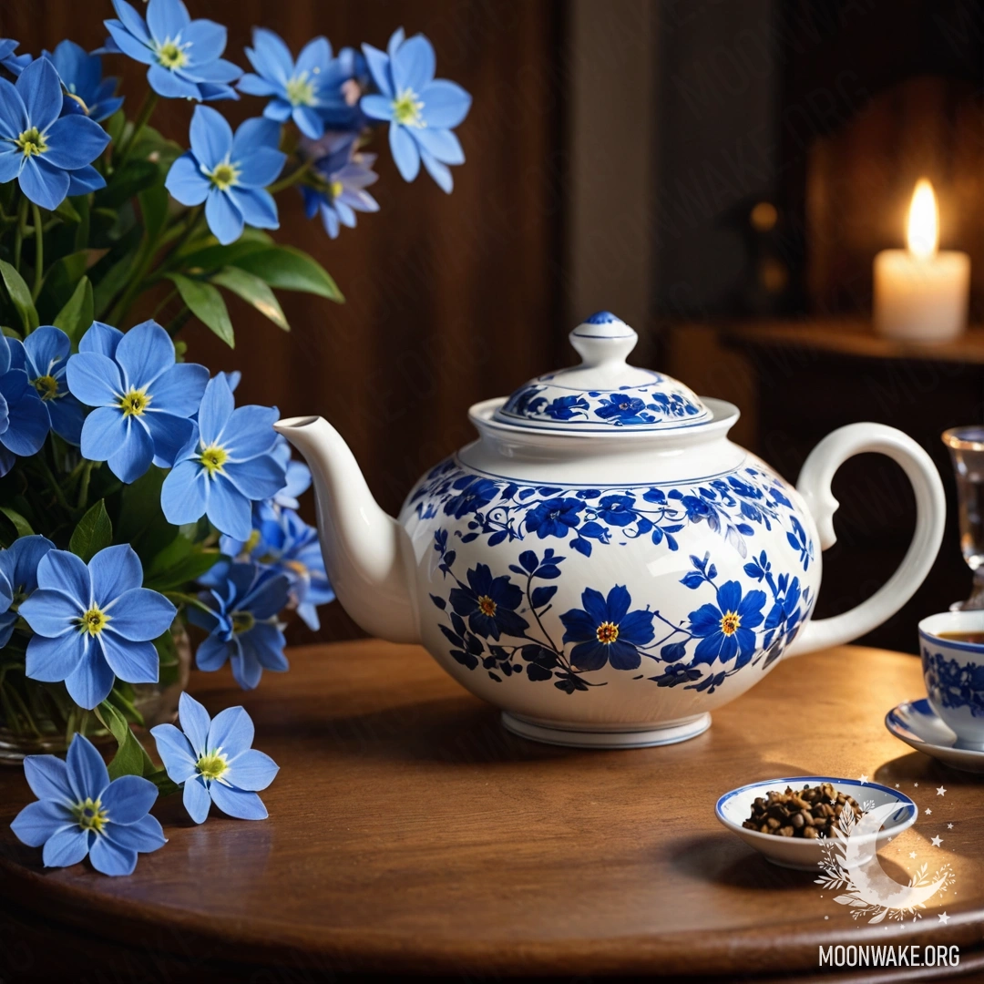 A round wooden table adorned with a porcelain teapot filled with blue flowers, illuminated by night.
