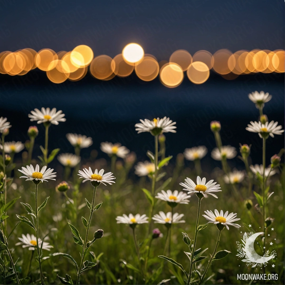 Close-up of delicate field flowers against a blurred night sky.