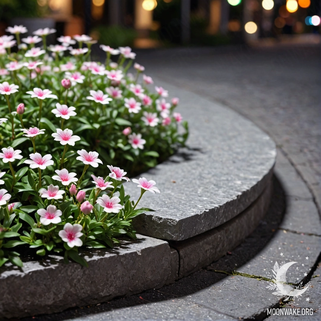 A shabby stone curb with small white and pink flowers growing nearby at night.