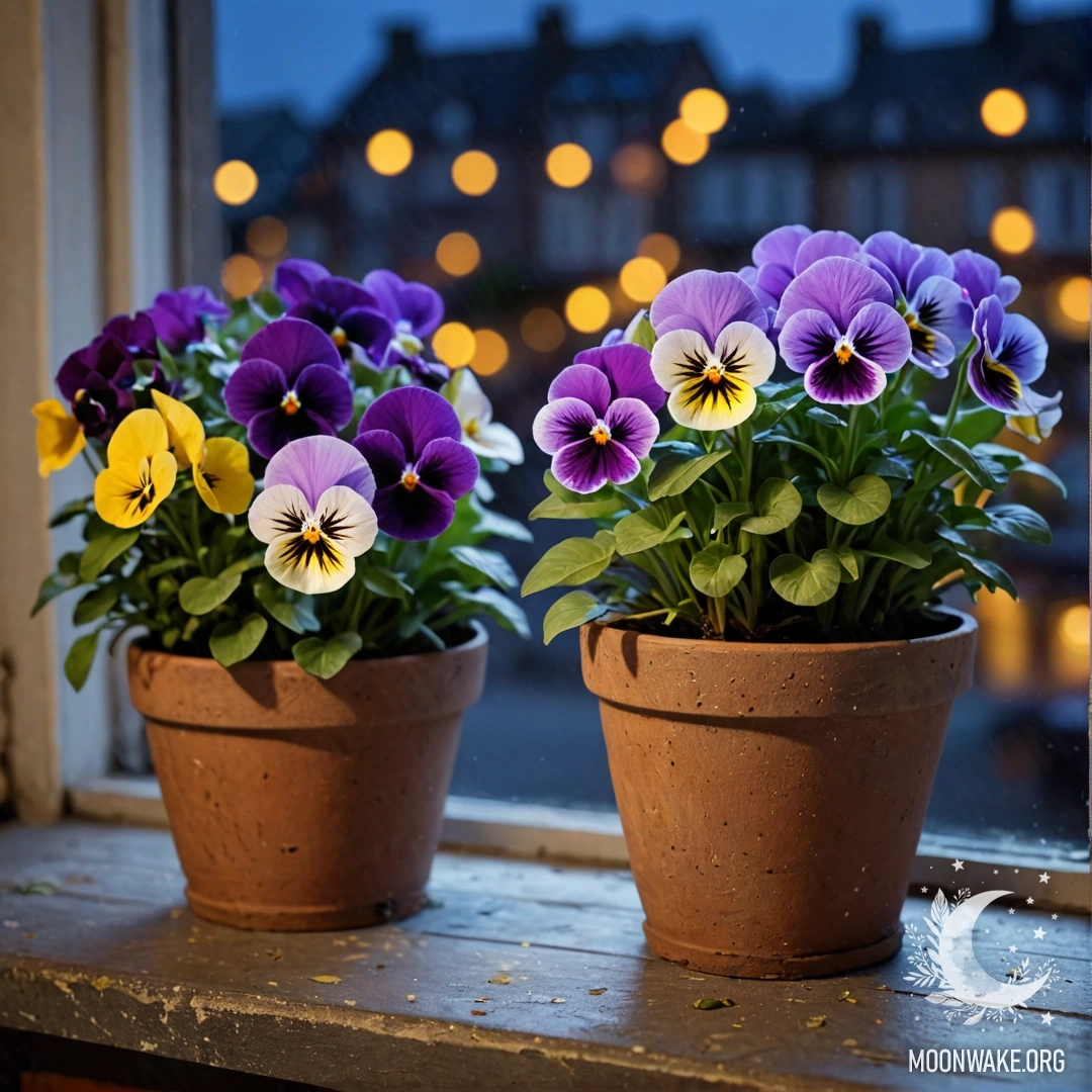 Vintage flowerpots on a shabby windowsill with pansies at night.