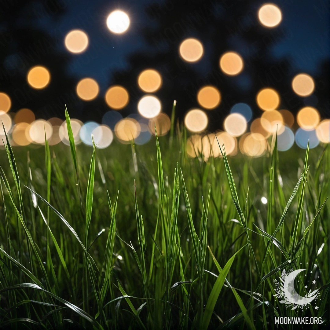 Close-up of grass in a field at night with a blurred forest in the background.