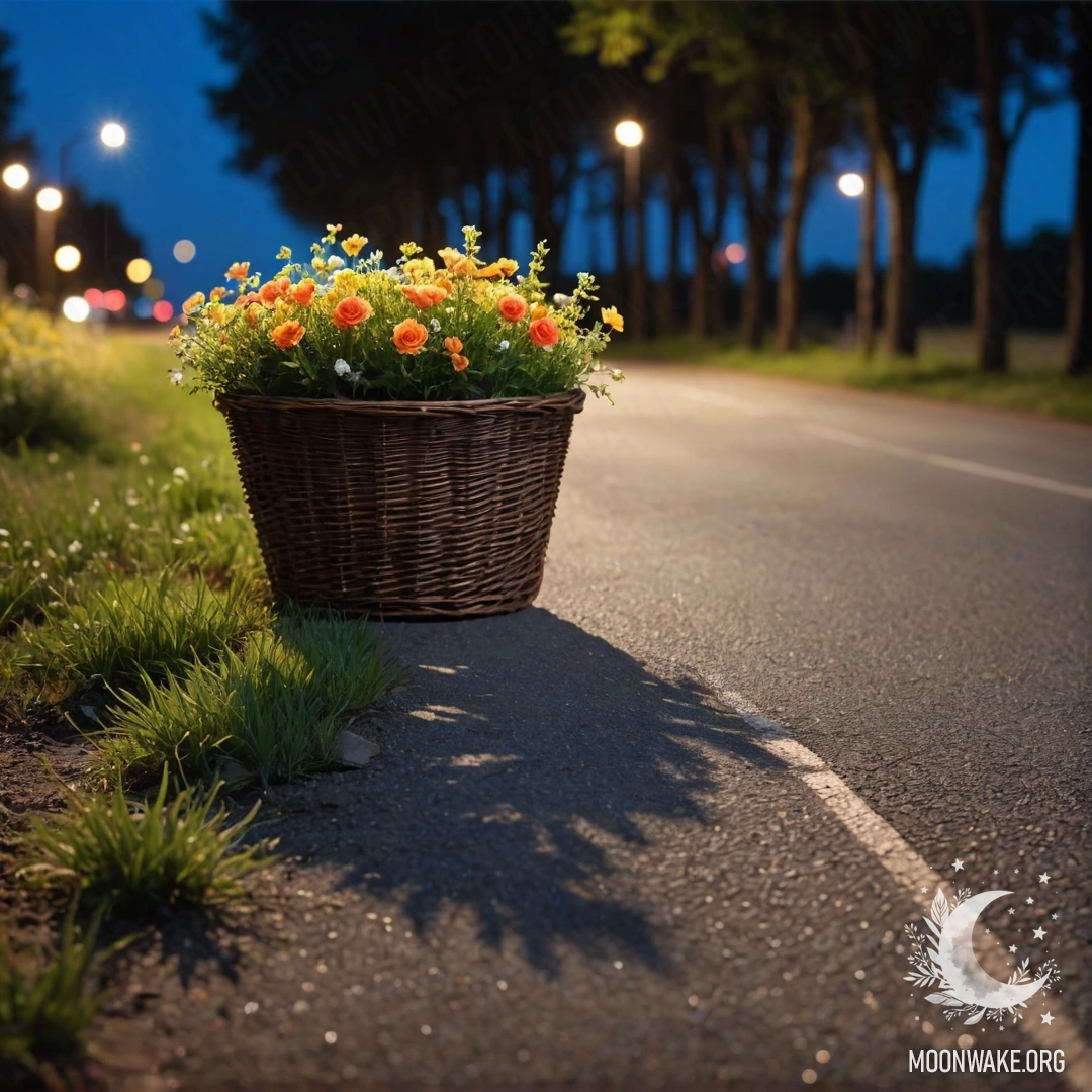 A dirt road at night with a basket of flowers beside it and trees in the background.