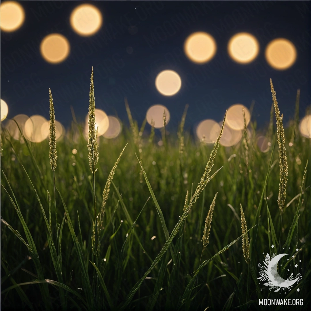 Close-up of grass in a field with a soft bokeh background of the night sky.
