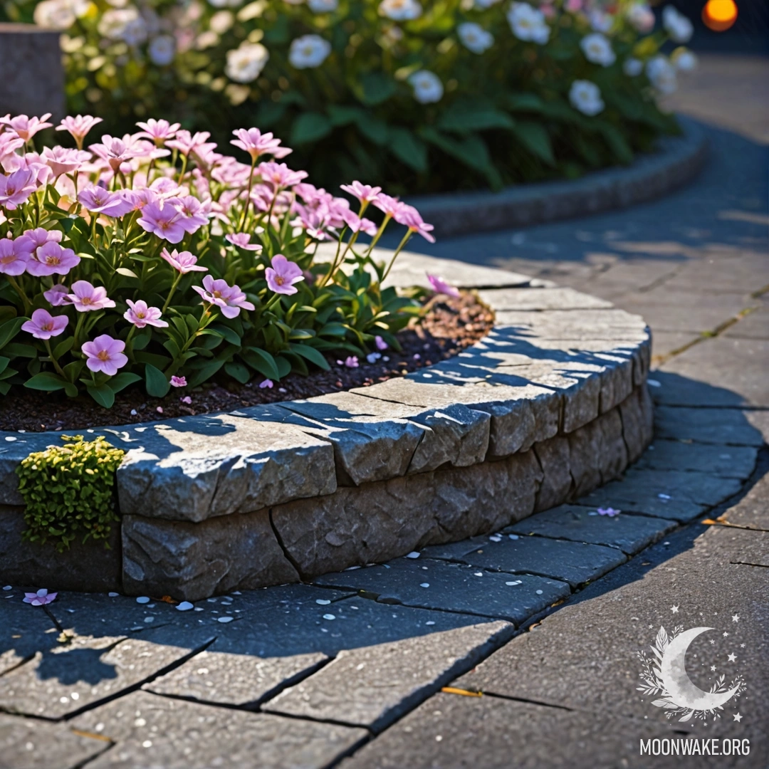 A shabby stone curb with small white and pink flowers growing behind it at night.