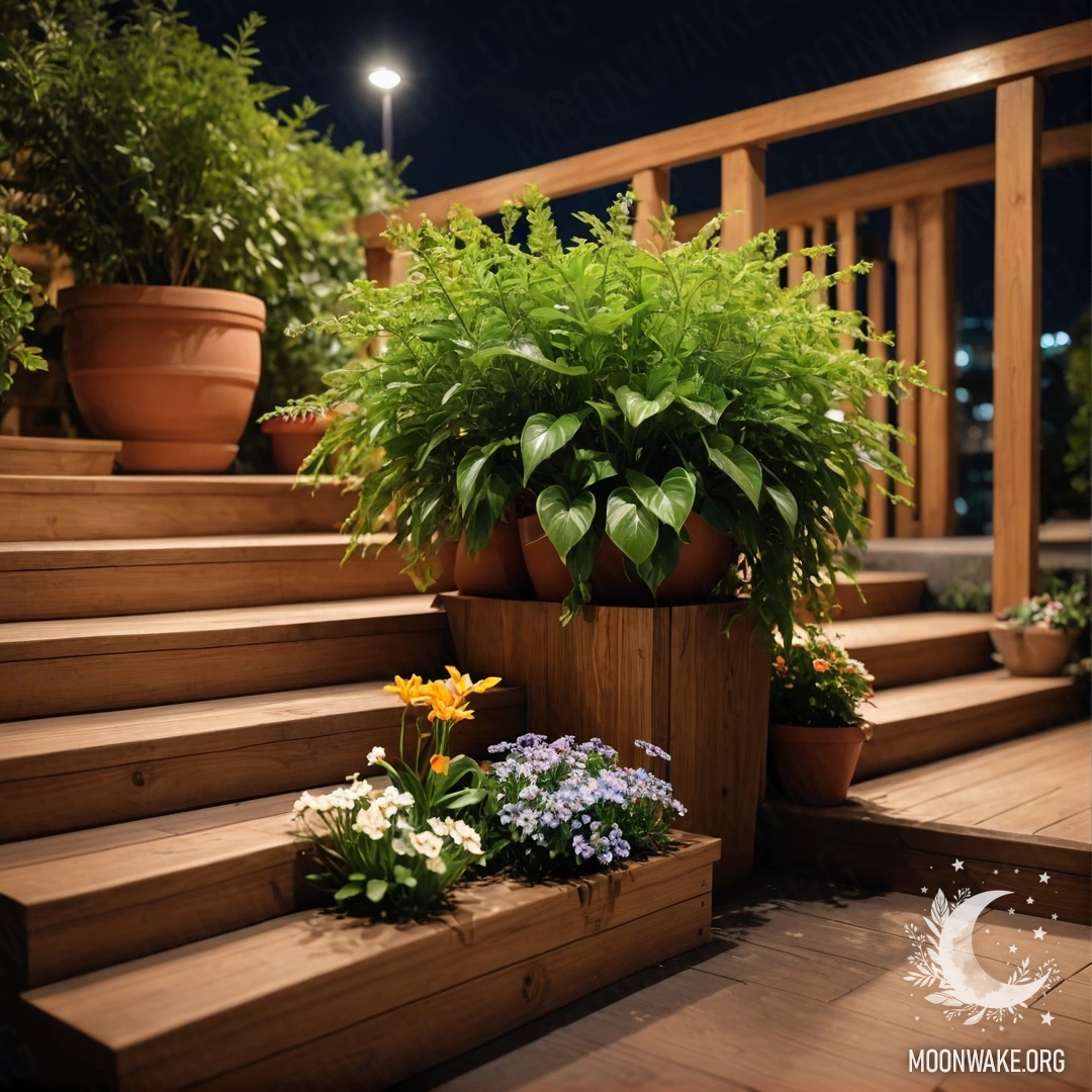A wooden staircase adorned with flowerpots at night.