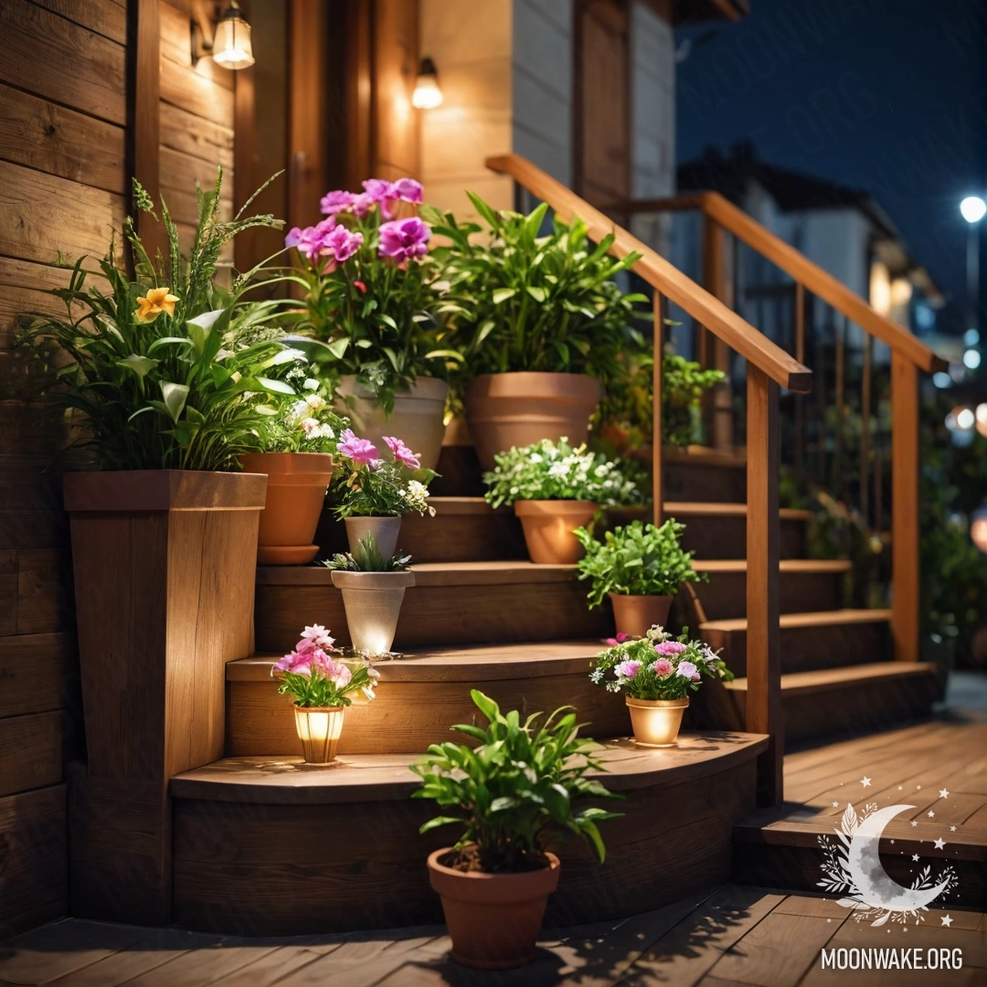 A beautiful wooden staircase adorned with flowerpots at night.