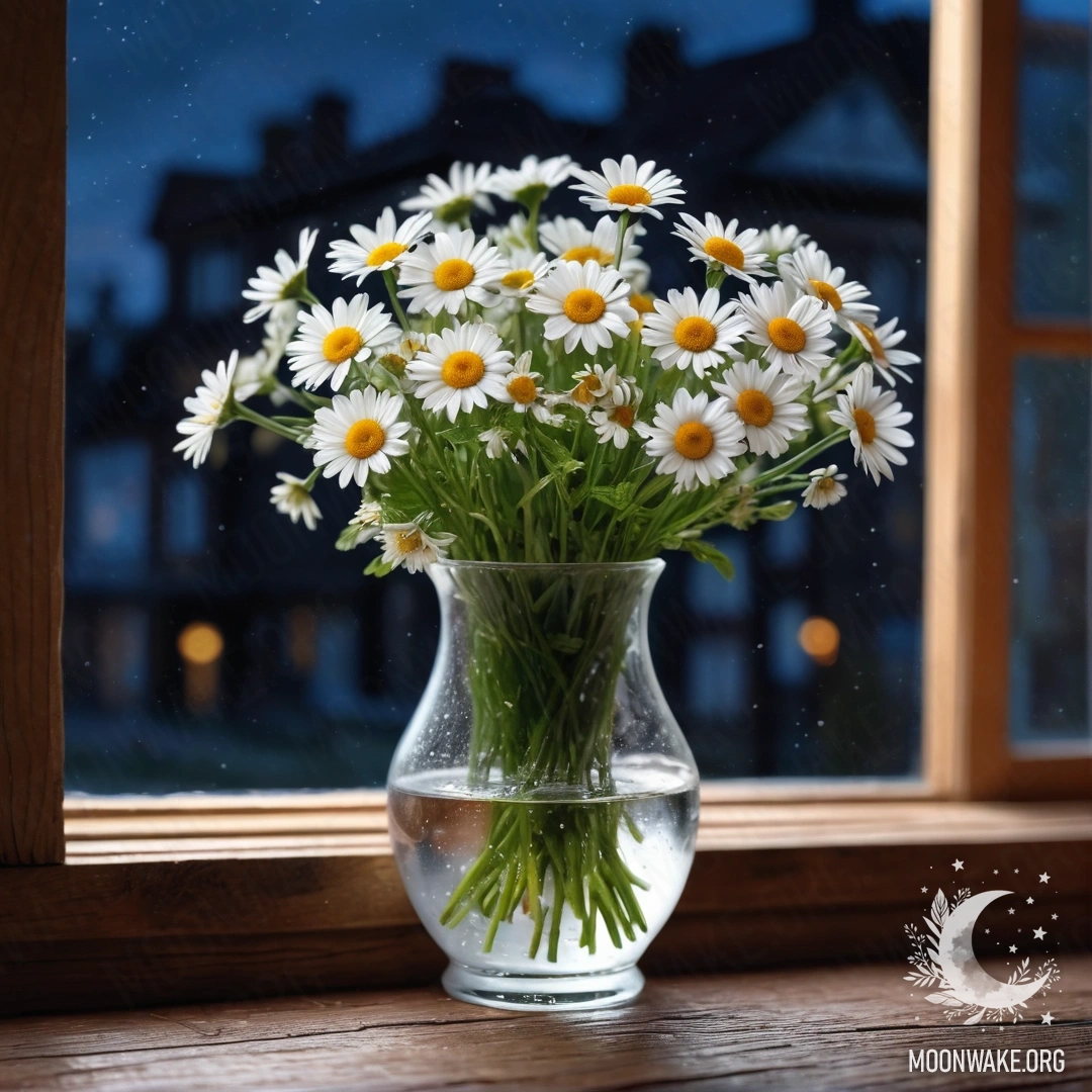 A glass vase with daisies placed on a vintage wooden windowsill at night.