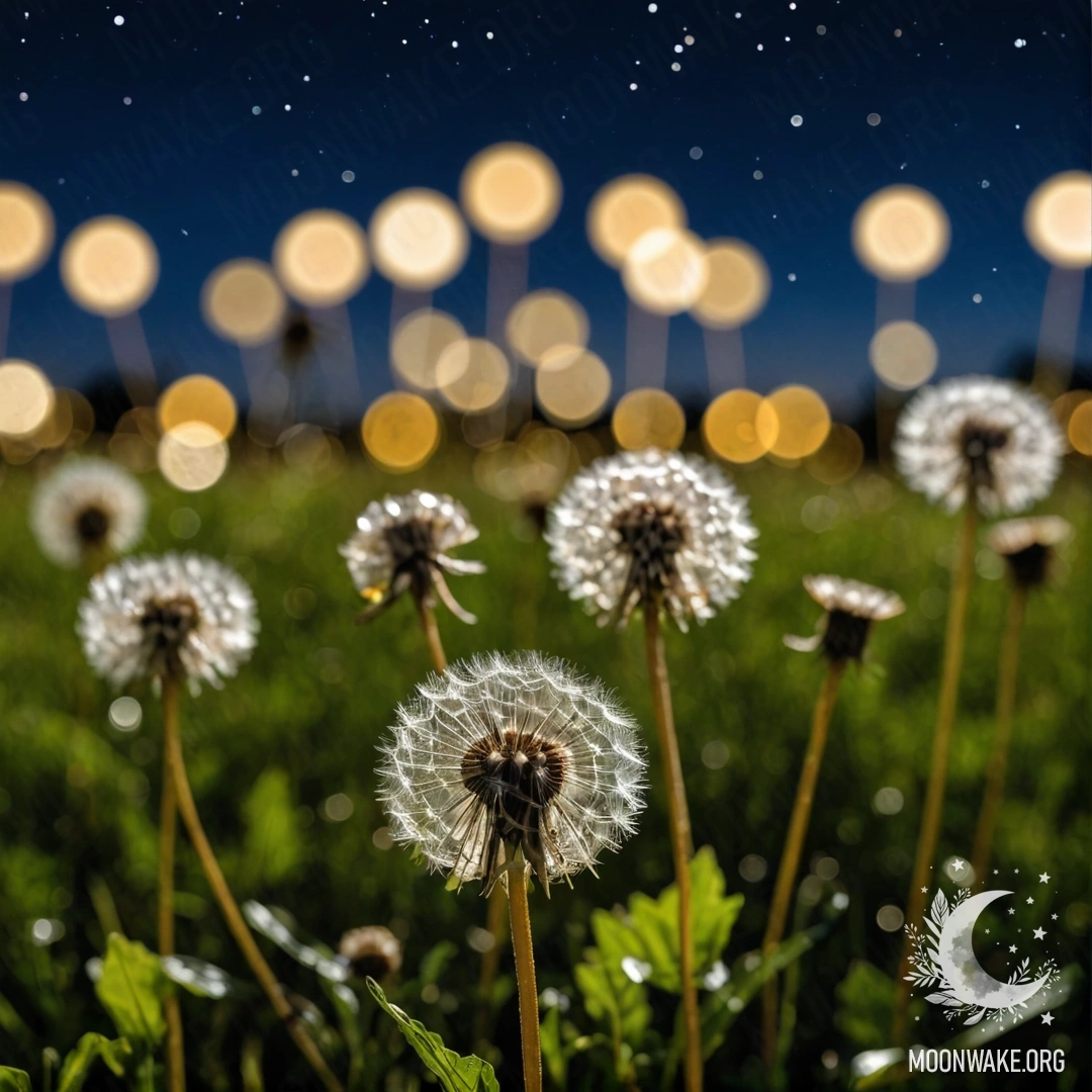 A close-up view of dandelions in a peaceful field under a bokeh night sky.