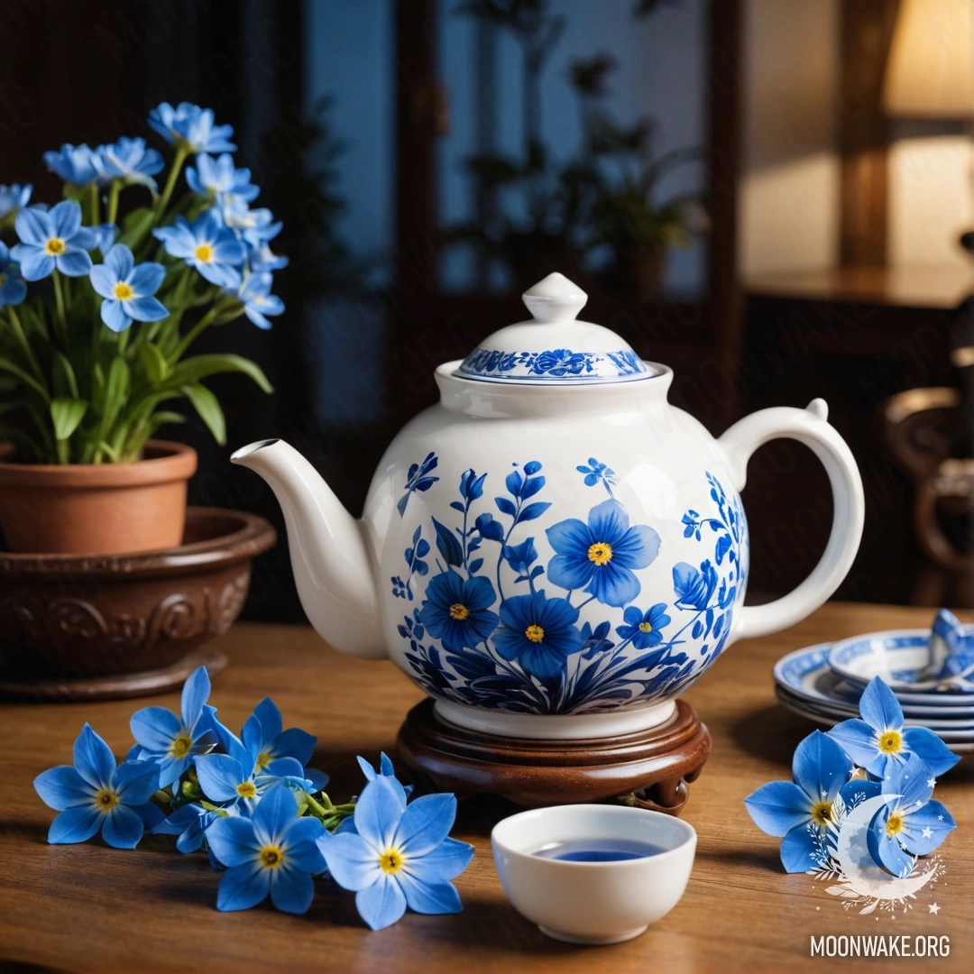 Nighttime Elegance with Blue Flowers A tranquil scene featuring a round wooden table with a porcelain teapot containing blue flowers, illuminated by the night.