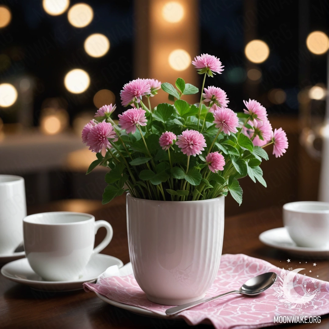 Nighttime Elegance with Porcelain Cups A round straw napkin with white porcelain cups featuring a pink pattern and a clover in a white vase at nighttime.