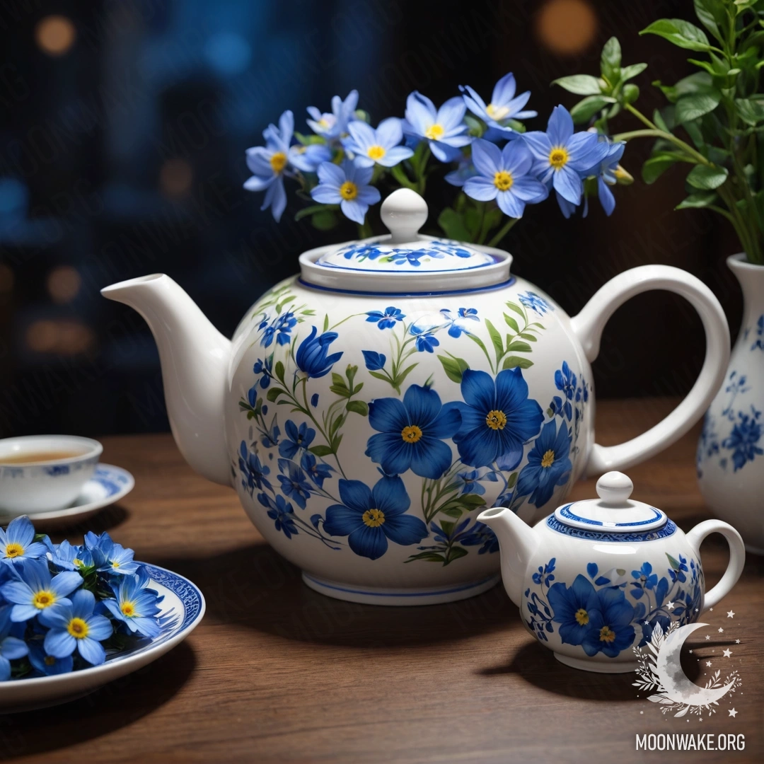 A round wooden table featuring a porcelain teapot filled with blue flowers, set against a nighttime backdrop.