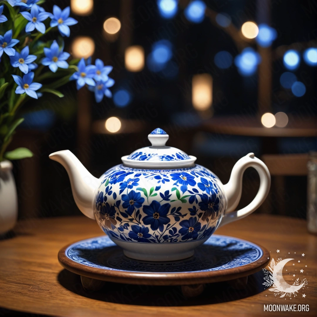 Nighttime Elegance with Blue Flowers A round wooden table with a porcelain teapot filled with blue flowers at night.