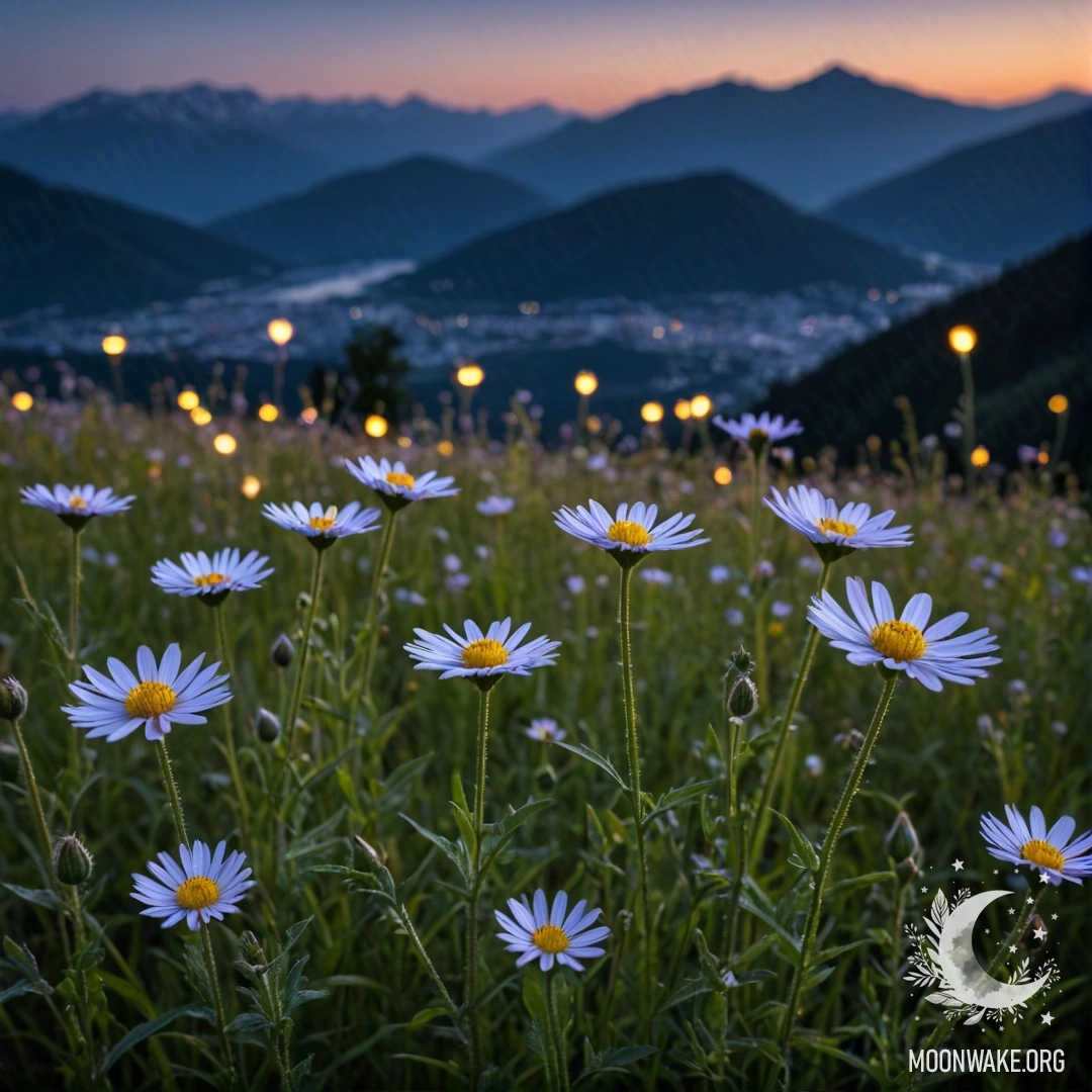 Close-up of beautiful field flowers in front of blurred mountains at night.