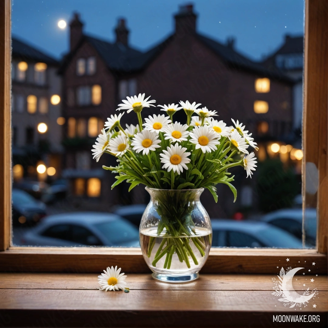 A glass vase with daisies on a vintage wooden windowsill at night.
