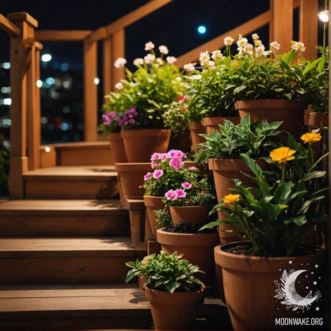 A photograph of wooden staircase adorned with flowerpots at night.