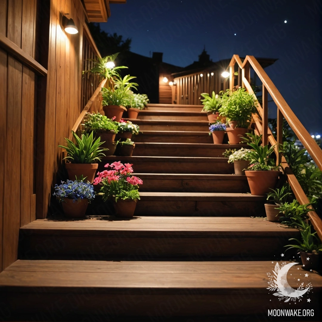 Nighttime Floral Serenity on Wooden Stairs A wooden staircase adorned with flowerpots, illuminated at night.